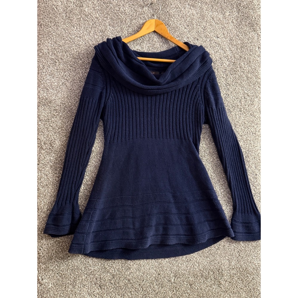 Heather B Tunic Sweater L Navy Blue Cowl Neck Ribbed Fit & Flare Preppy Twee